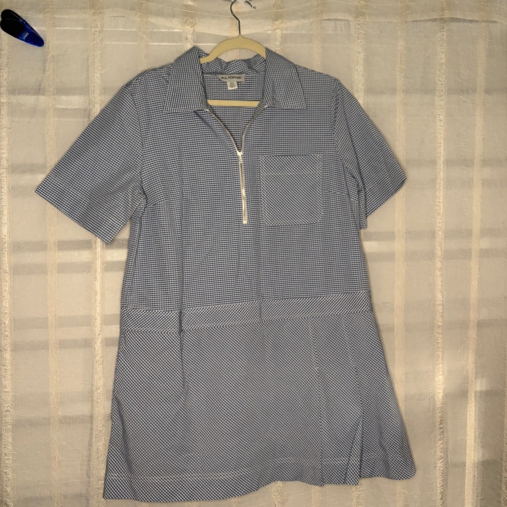 ALIGNE Gingham Mini Dress Womens 8 Blue White Excellent Half Zip Short Sleeve